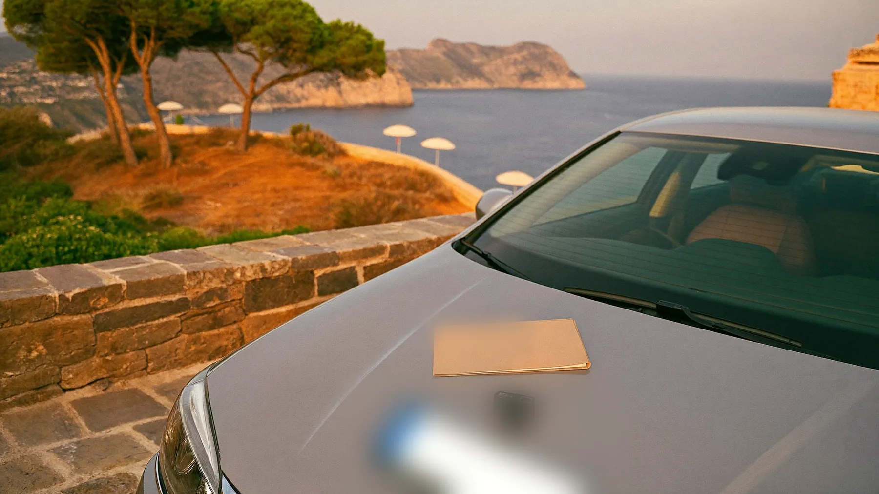 A car at a coastal viewpoint with keys and a folder on the bonnet